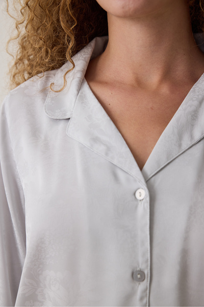Penti Light Gray Roses Satin Long Sleeve Shirt Collar Pajama Set