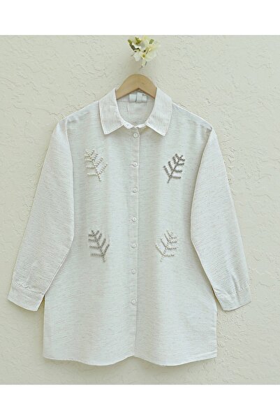 Modamorfo Leaf Motif Pearl Linen Shirt - Stone