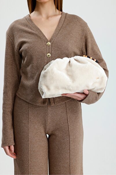 Çantacımstore Women's Drawstring Bag Off-White Plush Fur