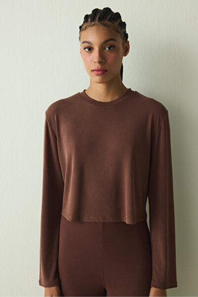 Penti Cappuccino Ribbed Modal Loose Cut Crew Neck Crop Top