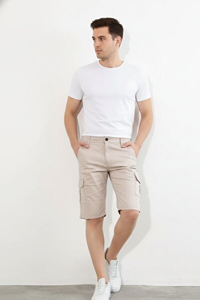 comstar Men's Cargo Pocket Gabardine Stretchy Tight Cream Capri Shorts
