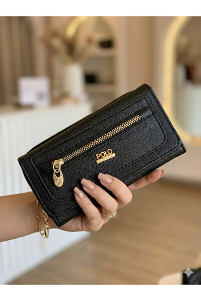 PurpleART Women's Black Polo Embroidered Magnet Cover Large Size Horizontal Wallet 10X19X5Cm