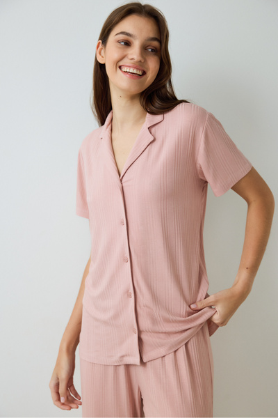 Penti Dusty Rose Emma Ribbed Shirt Collar Short Sleeve Pajama Set