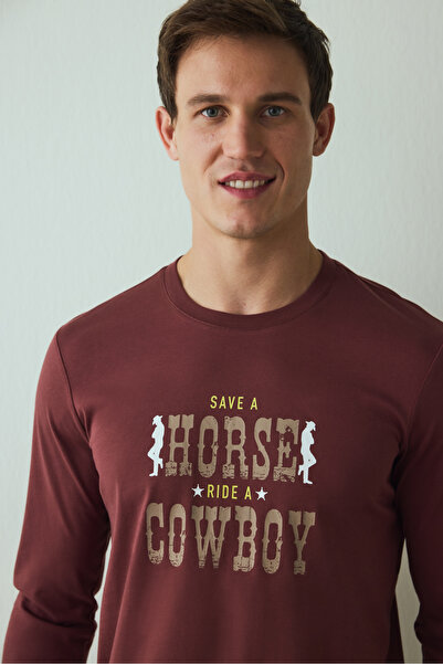 Penti Men's Cowboy Slogan Printed Pajama Set