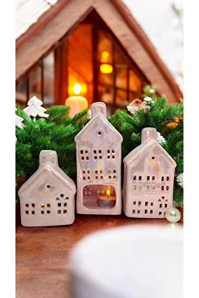 MAMALİZA 3’lü Sedefli Seramik Ev Mumluk Seti ,house pink tealight,– Büyük, Or...
