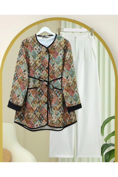 Modamorfo Ethnic Pattern Jacket with Folded Sleeves and Lace-Up Waist - Çağla Y.