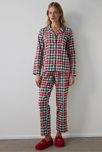 Penti Red Plaid Shirt Collar New Year Cotton Pajama Set