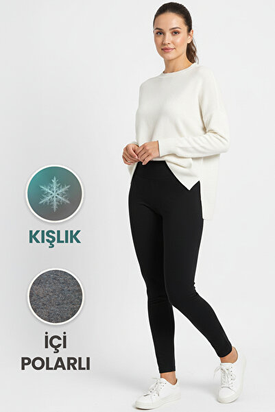 AFVENTE Women's Black Winter High Waist t Shaping / Sculpting Steel Knitted Leggings with Fleece Inside