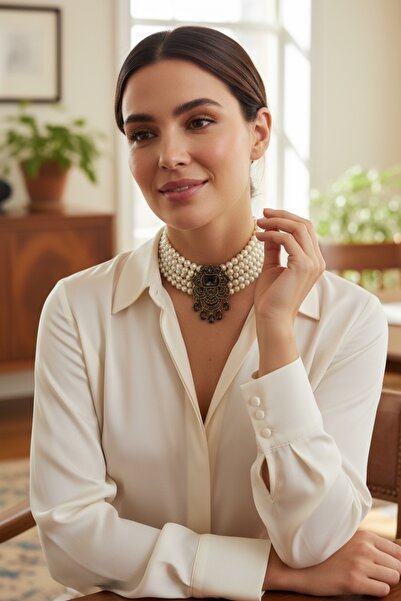 FAYRA ACCESSORIES Kristal Taşlı Su Damlası Sallantılı İnci Chooker Kolye