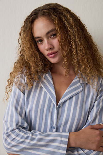 Penti Light Blue Cozy Striped Shirt Collar Buttoned Cotton Long Sleeve Pajama Set