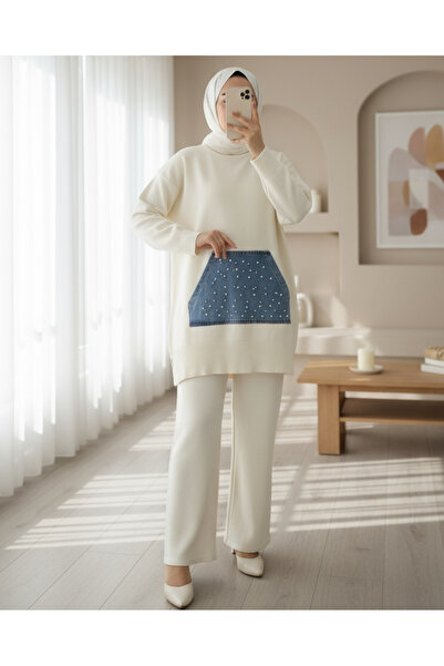 Modamorfo Kot Kanguru Cepli Triko Takım -Krem