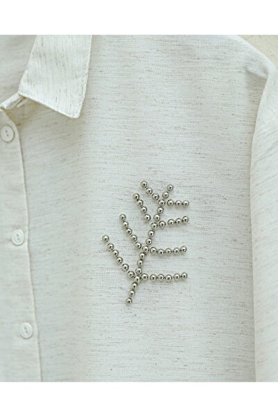 Modamorfo Leaf Motif Pearl Linen Shirt - Stone