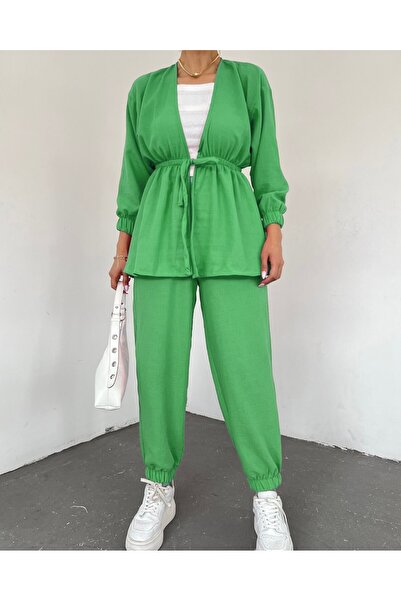 Modamorfo Elastická dvoudílná lněná souprava s kravatou v pase