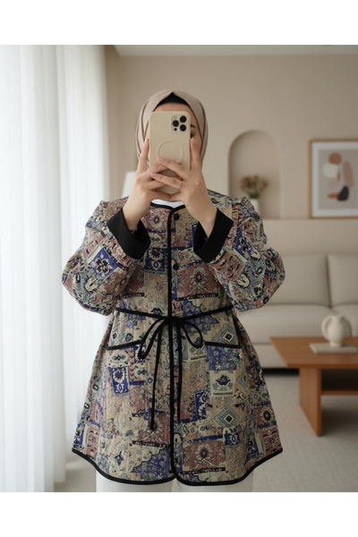 Modamorfo Ethnic Pattern Jacket with Folded Sleeves and Lace-Up Waist - Cream