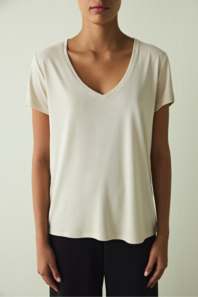 Penti Beige V-Neck Short Sleeve Modal T-Shirt