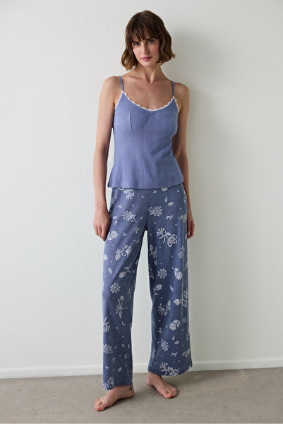 Penti Indigo Hailee Floral Openwork Pointel Cotton Pajama Bottoms