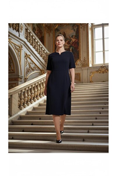 Nidya Moda Büyük Beden Lacivert Yaka Kol Ayraç Abiye Elbise-4067l