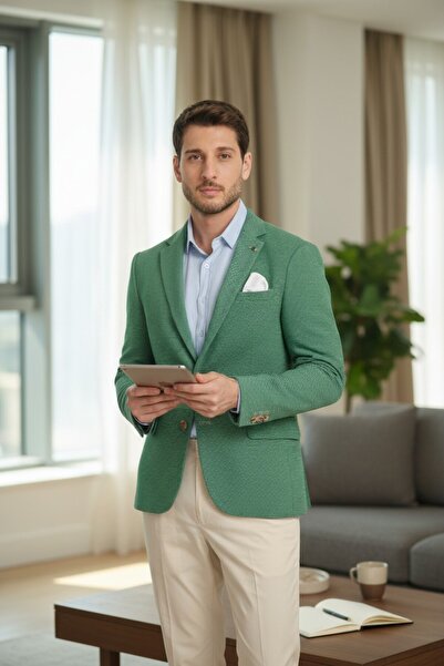 Frappoli Pasure Erkek Yeşil Esnek Kumaş Slim Fit Dar Kesim Blazer Ceket