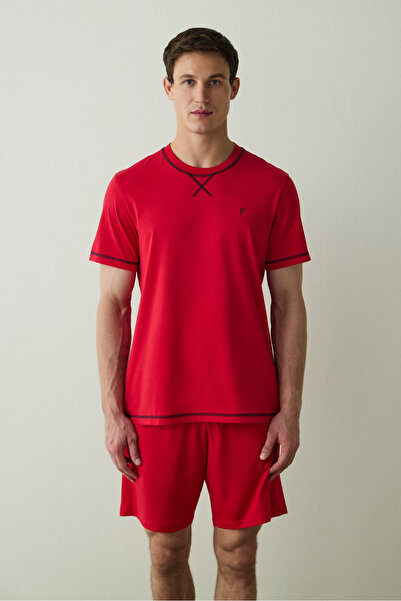 Penti Flame Red Red Star Men's Crew Neck Shorts Pajama Set