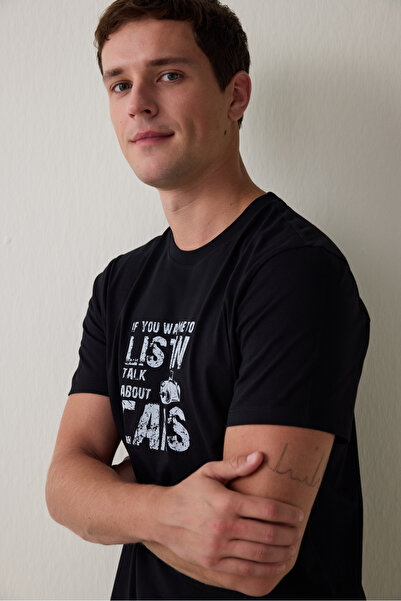 Penti Ανδρικό σετ πιτζάμες με κοντό μανίκι από βαμβακερό σλιπ με στάμπα Listen Slogan