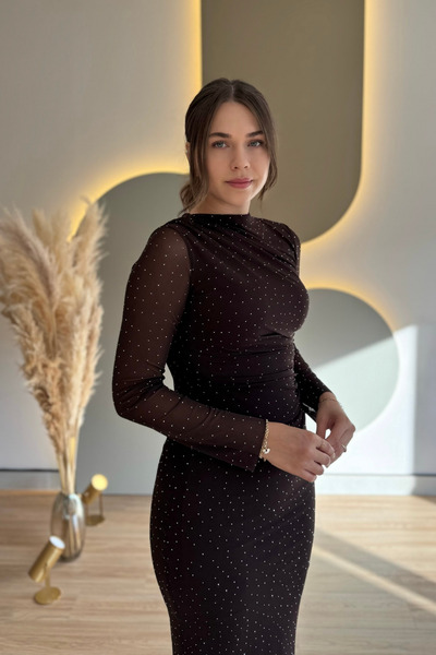 Aventien Draped Stone Tulle Brown Midi Dress