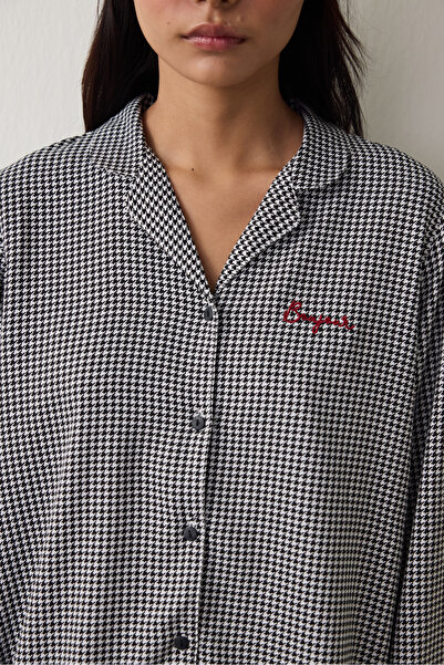 Penti Black Bonjour Plaid Embroidery Detailed Shirt Collar Pajama Set