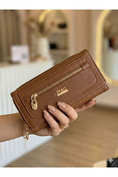 PurpleART Women's Tan Polo Embroidered Magnet Cover Large Size Horizontal Wallet 10X19X5Cm