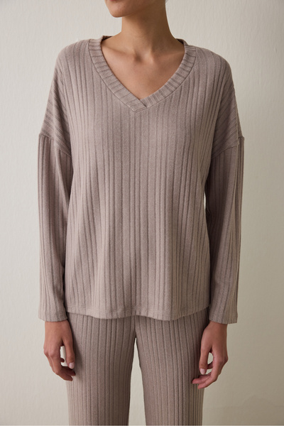 Penti Latte Mocha Soft V Neck Long Sleeve Pajama Set
