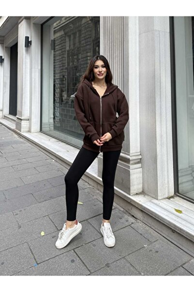 schlank سويت شيرت نسائي من الصوف البني بغطاء للرأس مقاس كبير مع جيوب