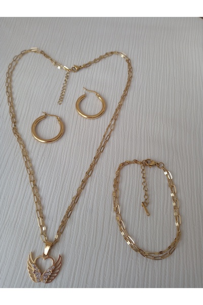 KobalBusiness 316L Çelik Set| Gold Ataç + Dudak Zinciri |Melek Kanatlı Kalp Kolye Ucu| 17cm Bileklik Seti.