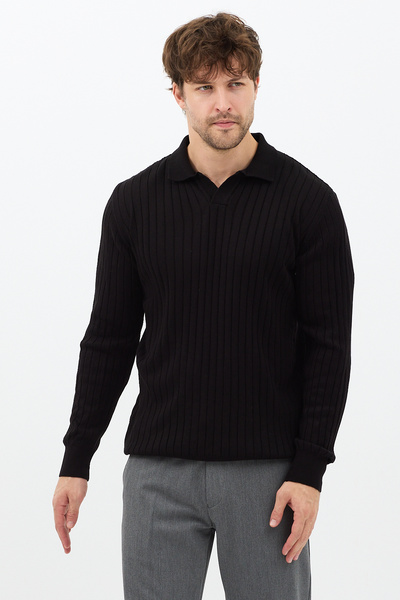 Tarz Cool Μαύρο ανδρικό πλεκτό πουλόβερ με λαιμόκοψη με ραβδώσεις