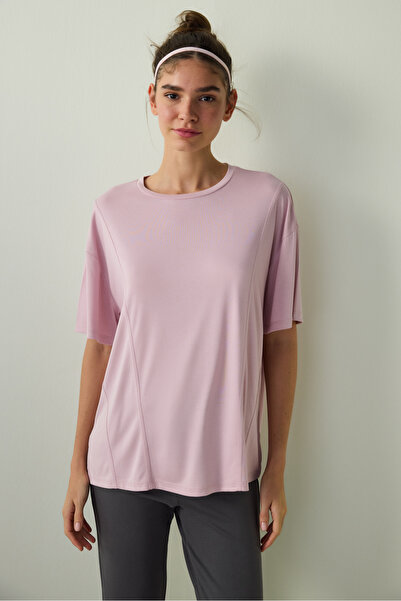 Penti Lilac Crew Neck Stitching Detailed Modal Oversize T-Shirt