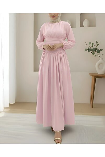 Modamorfo Поплинена рокля с набрана предна част, еластични ръкави и цип - розова