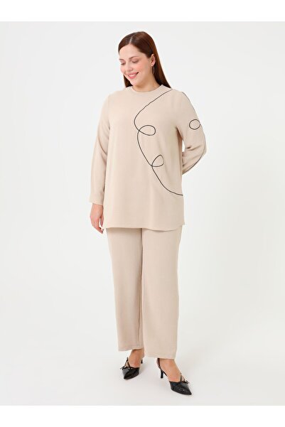 ALİA Contrast Piping Detailed Crew Neck Plus Size Suit - Stone -