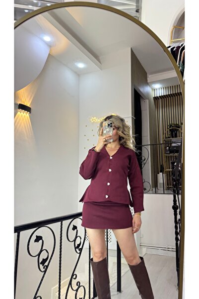 Butik Bordo Çelik triko taşlı kalpli düğmeli belden oturtma v yaka ceket beli...