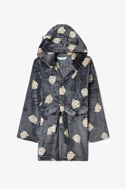 Penti Broken Gray Boy's Bear Patterned Tie-Up Dressing Gown