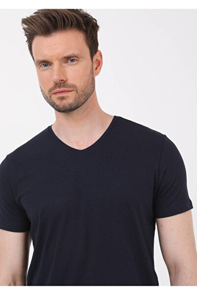 Ramsey Navy Blue Plain V-Neck Cotton Blended T-Shirt
