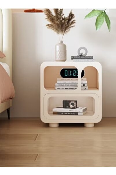 Raffine Multipurpose Rounded Corner Nightstand with Glass Front Drawer 50x35x55 cm