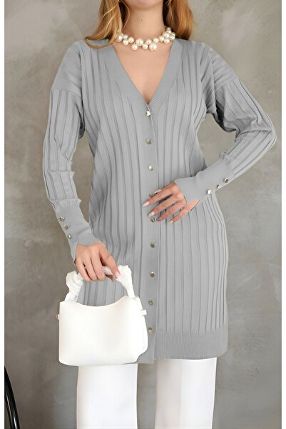 Modamorfo Metal Buttoned Slit Sweater Cardigan - Gray