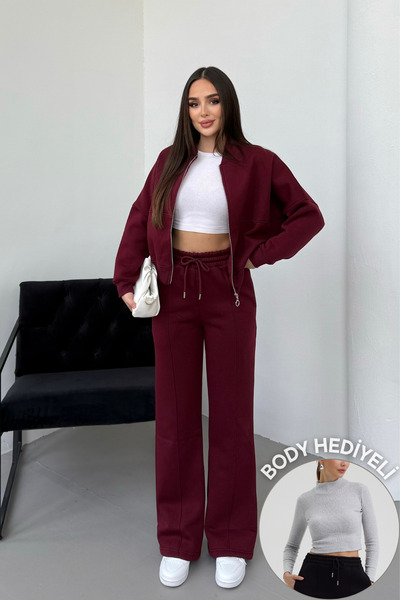 Mezka Kadın Şardonlu Fermuar Detaylı Üç Iplik Kışlık Bordo Eşofman Takımı