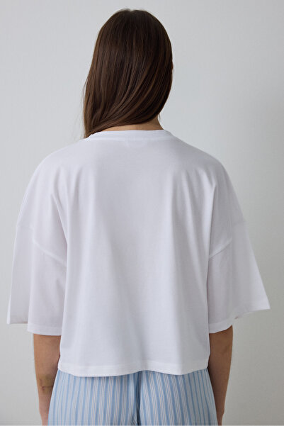 Penti Bavlněný pyžamový top s potiskem a sloganem v bílé barvě Lilah Crew Neck