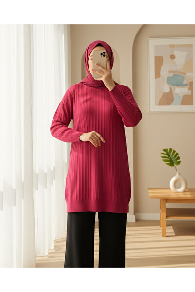 Modamorfo Round Neck Slim Striped Knitwear Tunic - Burgundy