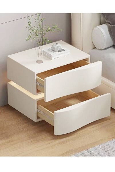 Raffine Modern High Gloss One Touch Switch LED Nightstand with 2 Drawers, Solid Wood, 45x40.5x50 cm
