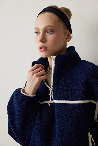 Penti Indigo Thermal Effect Contrast Detailed Fleece D Mock Neck Jacket