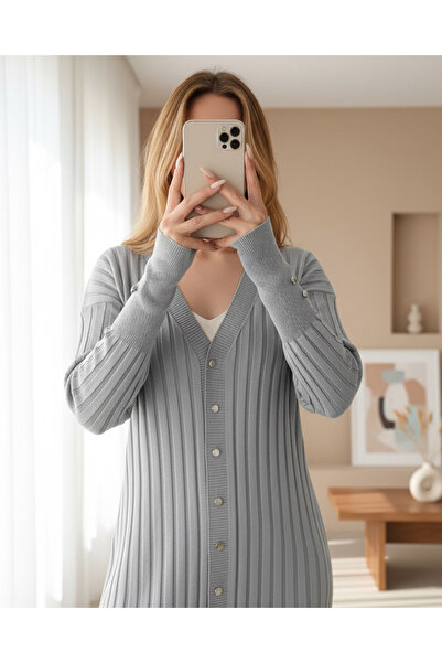 Modamorfo Metal Buttoned Slit Sweater Cardigan - Gray