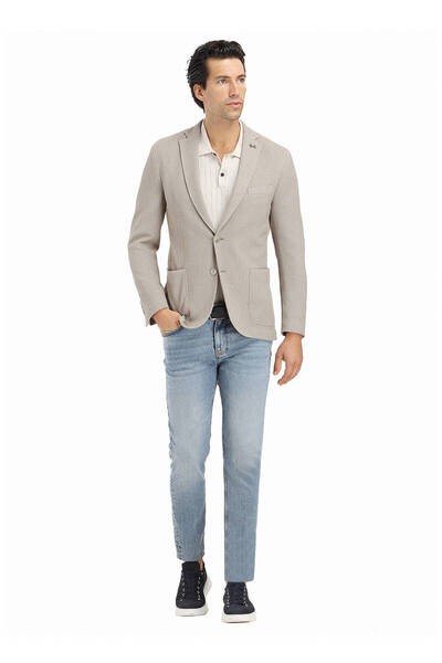 Ramsey Beige Patterned Shirt Shoulder Slim Fit Cotton Blend Knitted Jacket