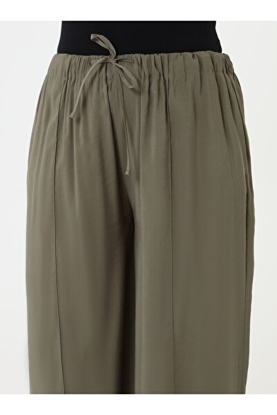 ALİA Ribbed Elastic Waist Plus Size Trousers - Khaki -