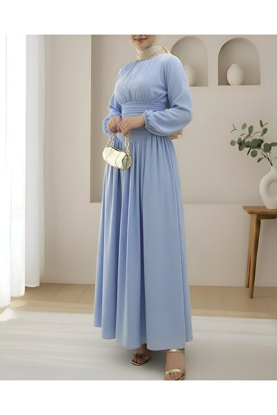 Modamorfo Poplin Dress with Gathered Front, Elasticated Sleeves and Zipper - Light Blue