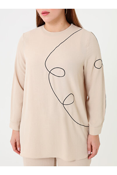 ALİA Contrast Piping Detailed Crew Neck Plus Size Suit - Stone -