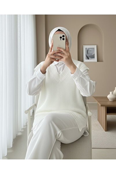 Modamorfo V-подібний виріз, ребристий принт, довгий светр - білий